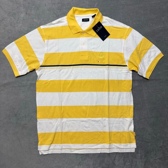IZOD Men's  Solar Sun Polo Shirt – Yellow & White Striped Short Sleeve - Picture 1 of 5